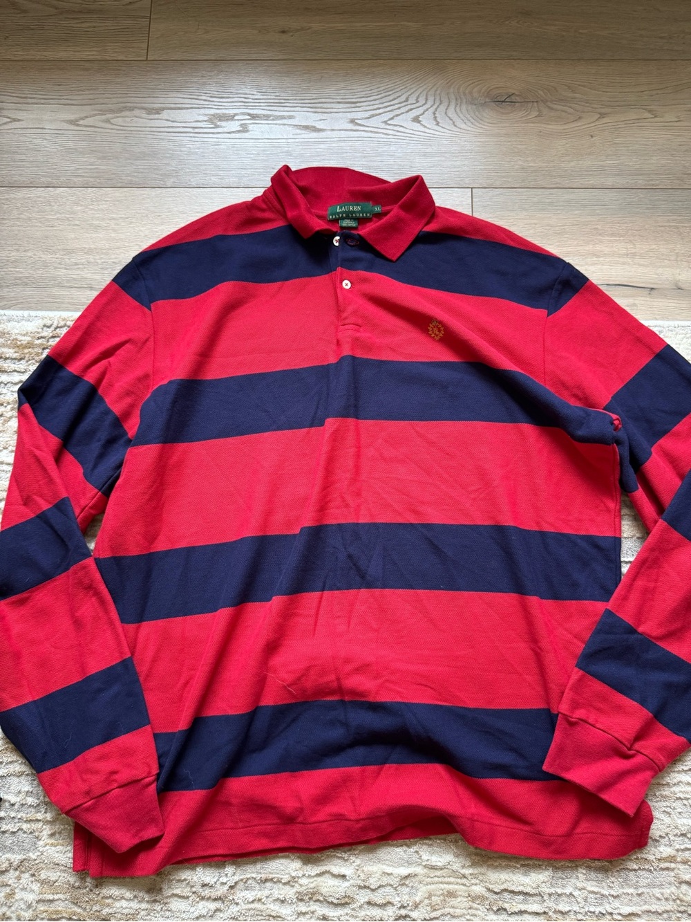 Lauren Red and Navy Striped Long-Sleeve Rugby Polo by Ralph Lauren men's XL
